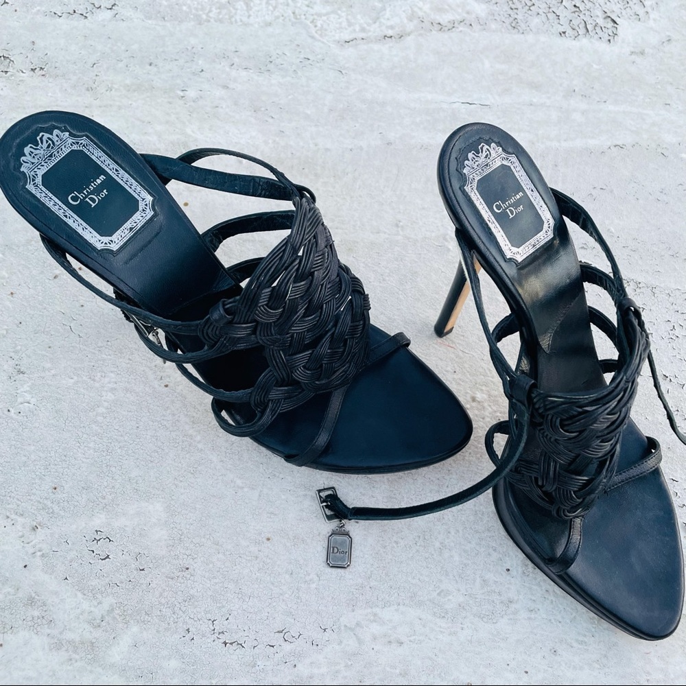 Christian Dior black leather strapped open-toe slingback 4.5”stiletto high heels - Picture 7 of 16